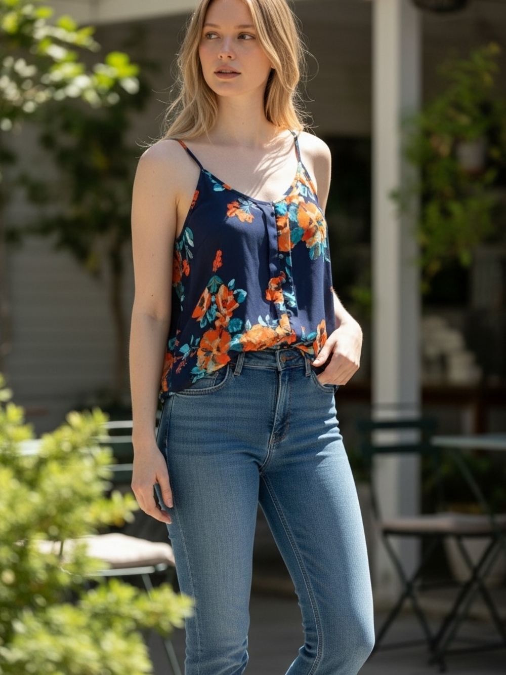 Floral Navy V-Neck Spaghetti Strap Tank Top